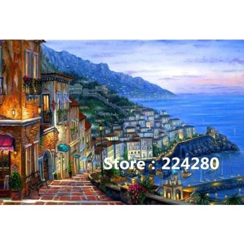 Needlework,embroidery,DIY 14CT Unprinted Cross stitch kits Mediterranean style lakeside town scenery Cross-Stitching decor
