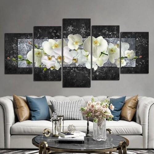 Modern White Flower With Black Background Poster And Print On Canvas Wall Art Painting Plant Pictures 5pcs Set For Home Decor