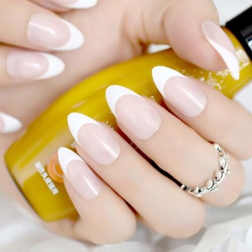 Medium Almond White Edge Flase Nails Pink Gel Tips Decoration Nails False Hand Dummy Fake Nails Stick On Nails Fingernails IMABC