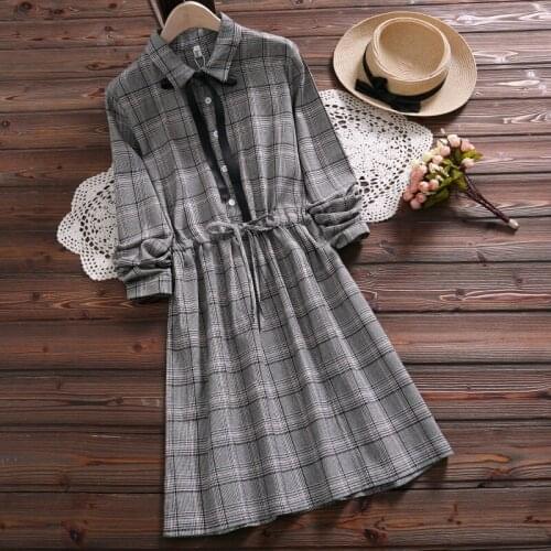 Spring fashion mori girl casual dress 2019 new design long sleeve gray plaid dress for women