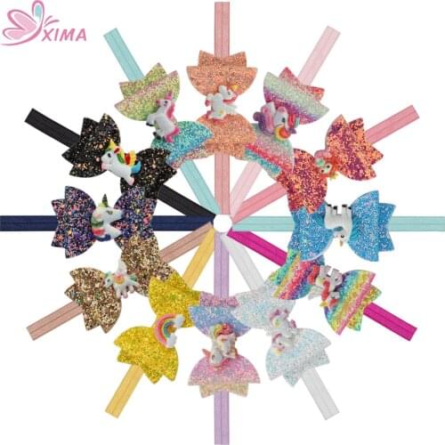 XIMA 12pcs/lot Glitter Hair Bows Hairband Hair Accessories Children Lovely Hair Bands Back to School Unicorn Bow Headband