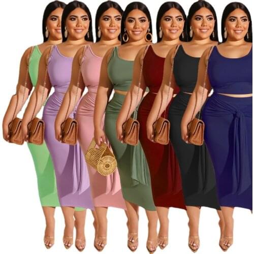 XL-5XL Plus Size Two Piece Set Dress Suit Women Summer Clothing Solid Vest Crop Top and Long Skirts Sets Sexy Party Club Outfits