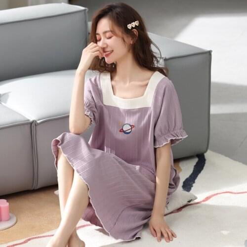 Purple Summer New Cotton Nightdress Ladies Square Collar Nightgown Cute Puff Sleeve Sleeping Dress M-XXL Loose Long Sleepwear