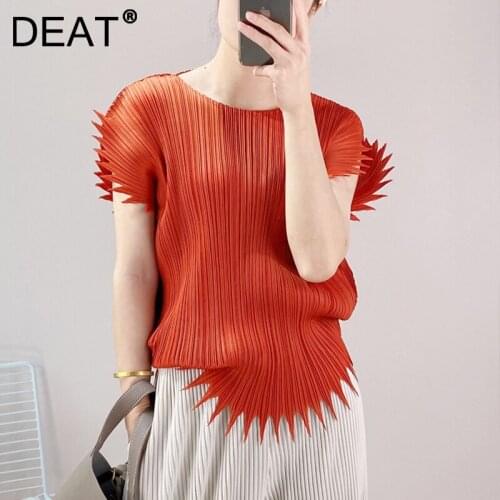 DEAT Woman Pleated T Shirt Orange Round Collar Jagged Design Short Sleeve Casual Style Loose Top 2021 New Summer Fashion 15JK240