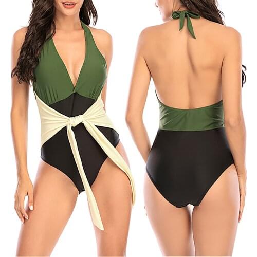Womens Color Blocking Swimsuit, Sleeveless Deep V-neck Backless Lace-up Halter Swimwear