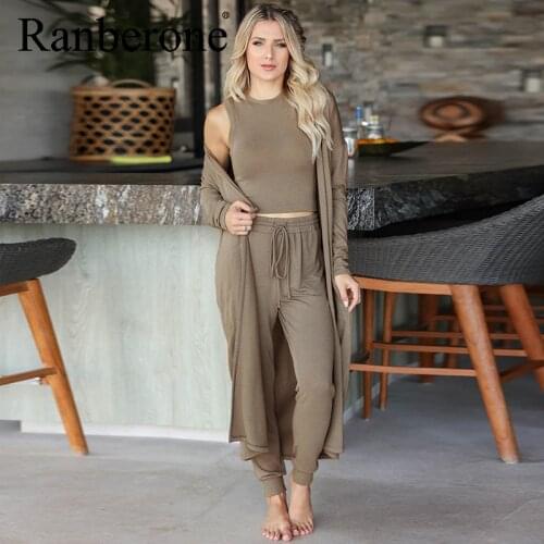 Ranberone 3 Pcs Knitted Suits Long Sleeve Jacket Cardigan Sweater Tank Top Pants Solid Costume Set Casual Tracksuits Outwear
