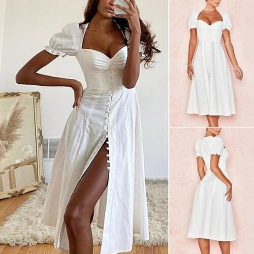Womens French V-Neck High Open Dress White