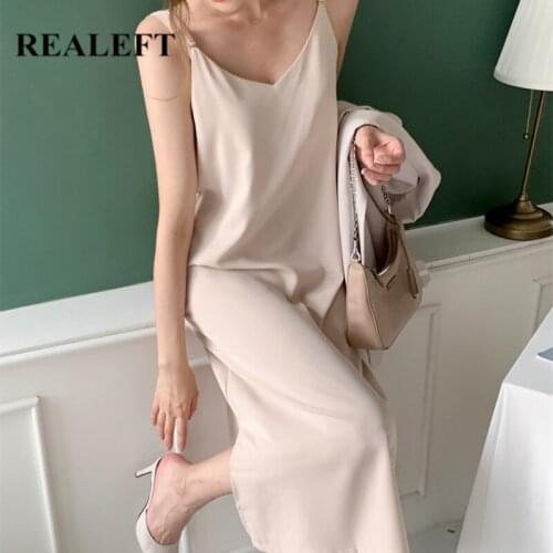 REALEFT Summer New 2021 Chic Women Sundress V-Neck Solid Multi Colors Strapless Dress Satin Elegant Side Split Long Dress Female