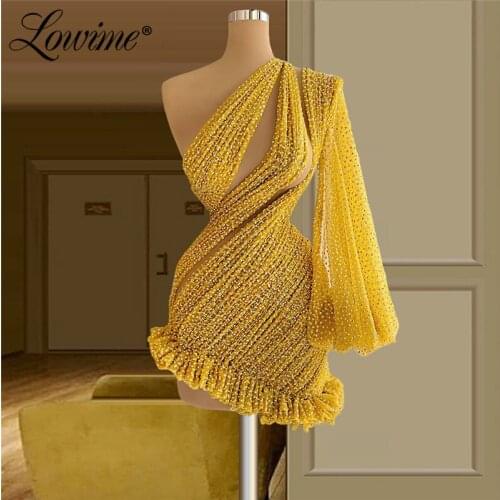 Lowime Yellow Beads Cocktail Party Dresses 2021 One Shoulder Long Sleeve Prom Gown Women Evening Dress Robe De Soirée De Mariage