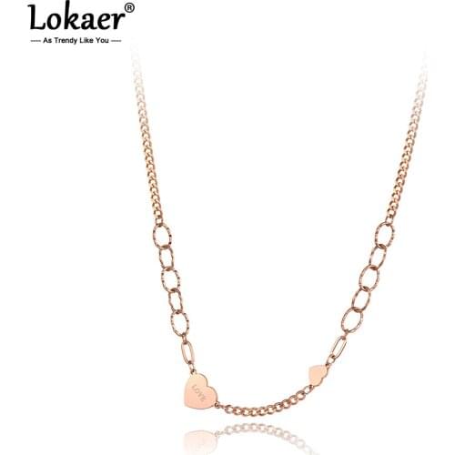 Lokaer Bohemia Rose Gold Double Heart Charm Pendant Necklaces For Women Girls Fashion Stainless Steel Link Chain Necklace N20167