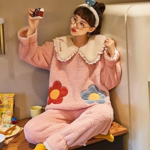 2020 Pajama Women Thick Flannel Warm Female Winter Pajama Set Long Sleeve Full Trousers Two Piece Pajamas Animal Cartoon pijama