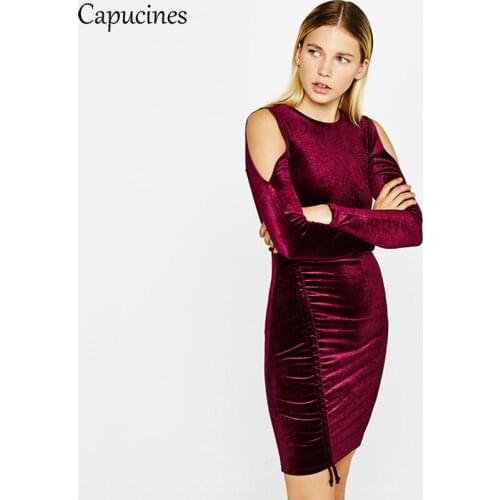 Capucines Autumn Winter Long Sleeve Draped Velvet Dress Womens Solid Sexy Sheath Mini Bodycon Dresses Femme Vestidos