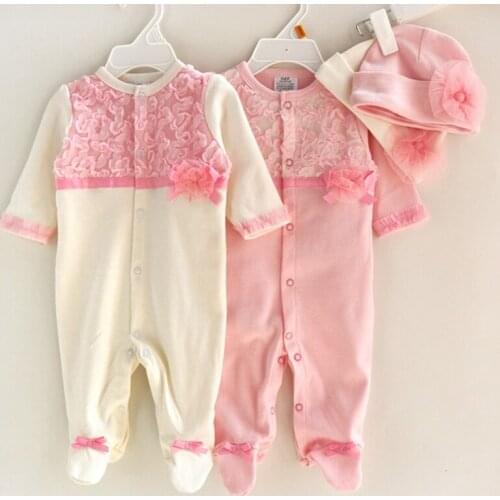 Newborn Baby Girls Lace Flower Cotton One Pieces Princess Party Kids Footies Christening Baptism Cute Infant Jumpsuits + Hat