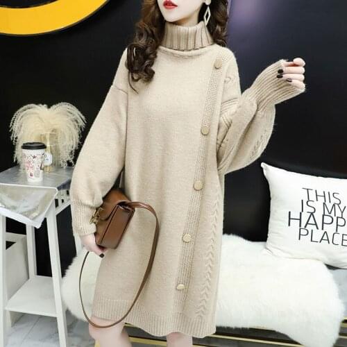 Korean Autumn Winter Thick Warm Turtleneck Long Knitted Sweater Women Loose High Collar Long Sleeve Knit Pullovers Tops Female