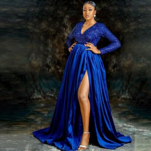 Royal Blue High Side Split Prom Dresses V Neck Sequine Long Sleeve Pregnant Woman Evening Party Gowns