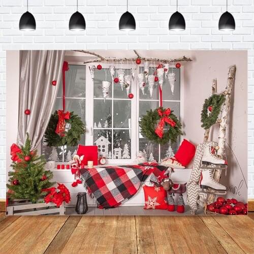 Red Themed Christmas Photography Supplies Props Window Bells Christmas Tree Background Green Wreath Toy Winter Birthday Party