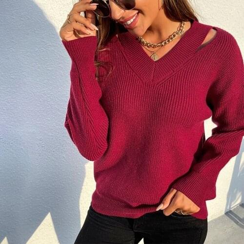 Autumn Pulovers Sweaters Women New Fashion Solid Color V Neck Long Sleeve Casual Jumper Top Female Oversize Knitted Sweater