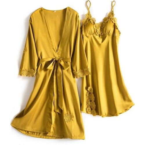 2PCS Pajamas Sleep Set Womens V-Neck Cami Pijama Sexy Bathrobe Kimono Nighty Robe Gown Suit Spring Sleepwear Wear Home Clothes