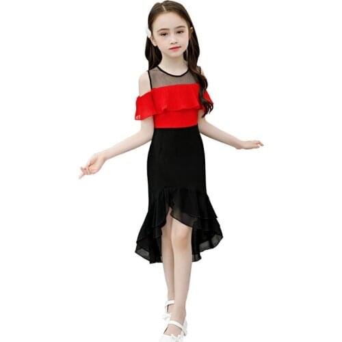 Girls Dresses Summer Princess Elegant One Shoulder Kids Clothing Red Yellow Birthday Wedding Party Irregular Swallowtail Dress