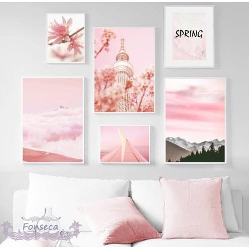 Pink Beach Cherry Blossoms Spring Tower Reef Landscape Posters and Prints Wall Art Canvas Painting Nordic Pictures Living Room