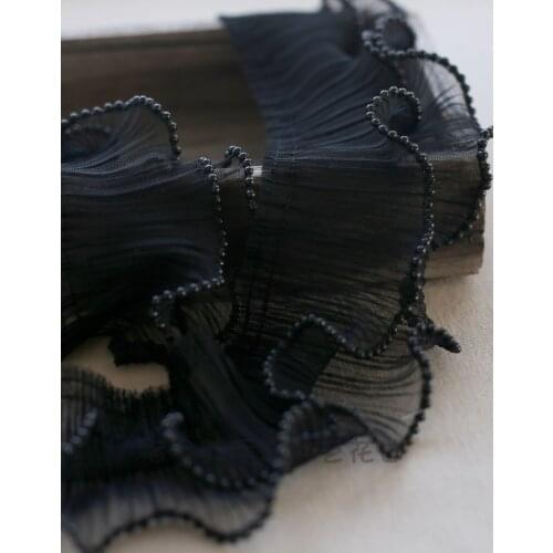 1Meter 8CM Wide Navy Blue Beaded One-layer Mesh Flower Embroidery Pleated Lace Fabric Trims for Handmade Dress Skirt Material