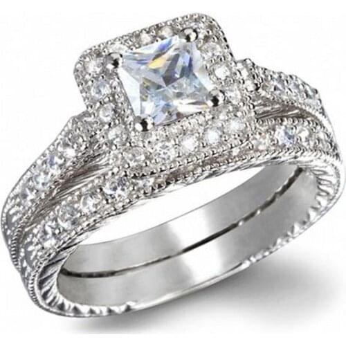 Vintage 10K White gold Square Diamond Rings finger Set 2-in-1 Luxury Engagement Wedding Rings For Women Jewelry gift