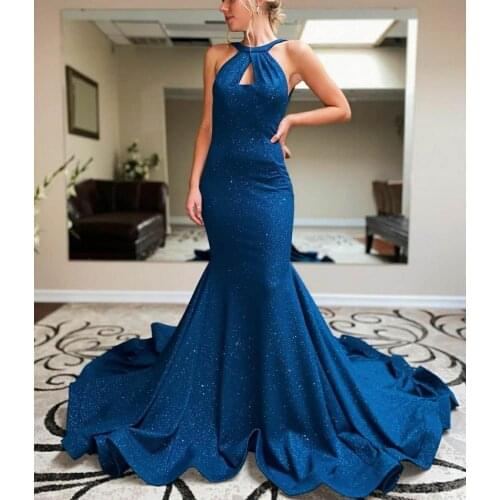 VKBRIDAL Long Mermaid Halter Prom Dresses Glitter Homecoming Dress Backless Maxi Formal Party Gowns with Train