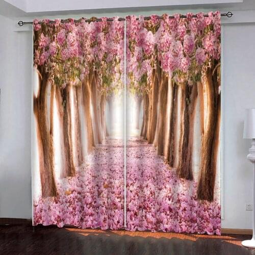 High quality custom 3d curtain fabric Big tree pink flowers Blackout 3D Window Curtains For Living Room Bedroom