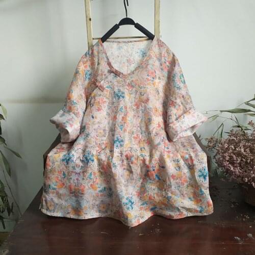 Women Loose Ramie Blouse Summer Printed Ramie Shirt Tops Female 2021 Thin Print Ramie Shirts