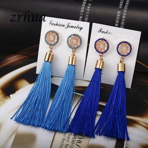 ZRHUA Trendy Bohemian Crystal Tassel Earrings White Blue Red Pink Silk Fabric Long Drop Dangle Tassel Vintage Earrings For Women
