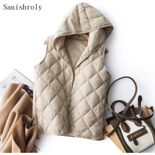 2021 Women Hooded Ultra Light 90% White Duck Down Waistcoat Lady Lingge Sleeveless Vest Single-breasted Autumn Winter Coat Parka