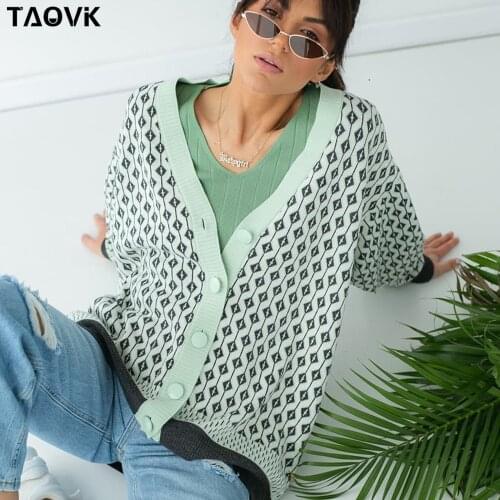 TAOVK Womens Knitting Cardigans Sweater Diamond Pattern Color Contrast Loose Casual Knitted Cardigan Jacket