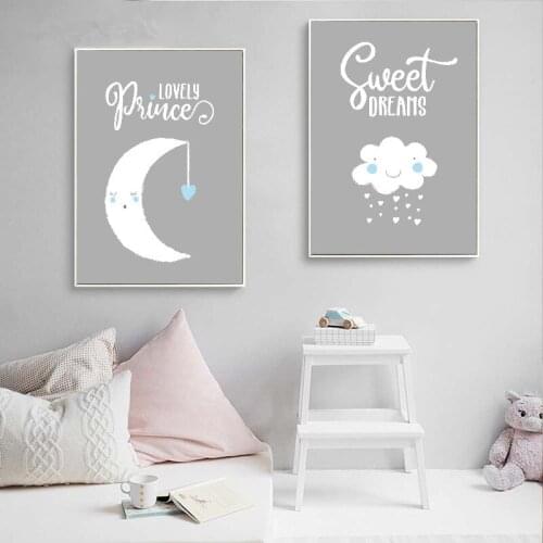 Stars and Sleeping Moon Nursery Poster and Prints Wall Art Canvas Painting Decorative Picture Baby Boy Posters Decoration