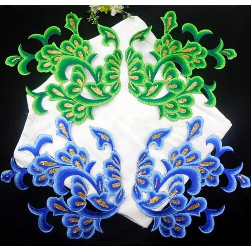 1 Mirror pair Sequins Embroidery Costume Dress Cheongsam Applique Clothing Embroidery cloth Fabric Sticker Iron On Patch 26X24cm