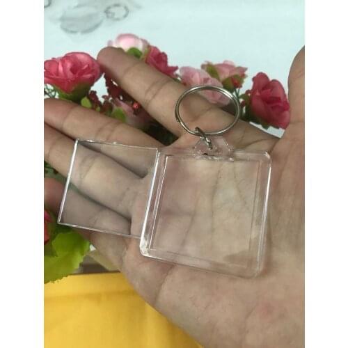 100pcs/lot Square Blank Acrylic Keychains Insert Photo plastic Keyrings DIY Split Ring Keychains accessories with free shipping