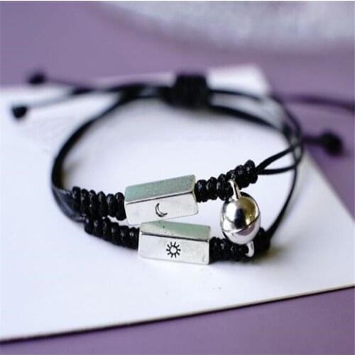 2Pcs Fashion Sun Moon Couple Bracelet Black Braided Litter Bell Magnetic Bracelet Romantic Valentines Day Gift Jewel Accessries