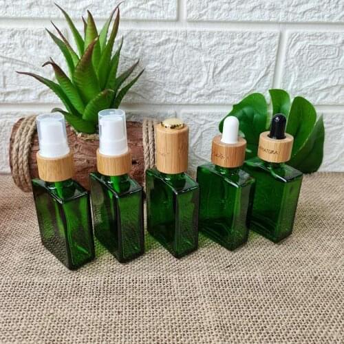30ml Green Blue Amber Rectangular Square Glass Dropper Bottles For Liquid With Container Bottle Packaging Bamboo Wood Lid Cap