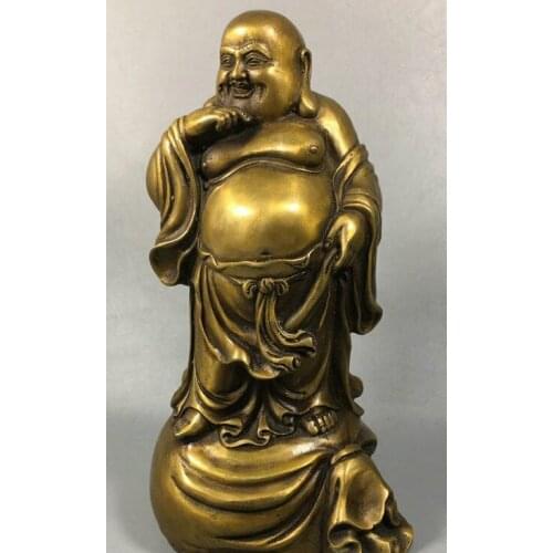 9" China Pure Bronze Stand Smile Happy Laugh Maitreya Buddha Money Bag Statue
