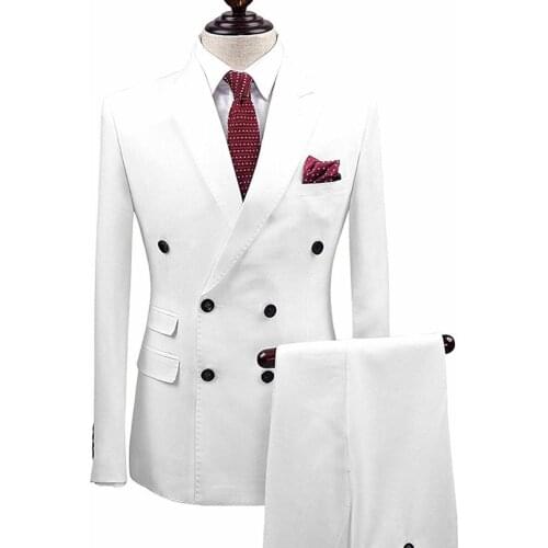White 2 pieces Men Suits Double Breasted Groom Terno Masculino Pink Slim Fit Men Wedding Suits Blazer Tuxedo (Jacket+Pants)