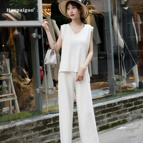 2 Piece Set Women Autumn White Sleeveless V-neck Casual Knitting Club Top and Black Full Length Office Lady Pants Two Piece Set