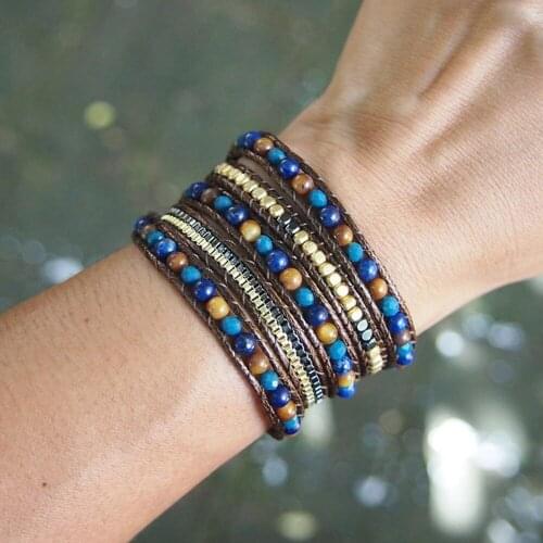 Boho Beadwork Lapis and Tiger eye Natural Stone Mix Wrap Chain Bracelet with Brown Cord