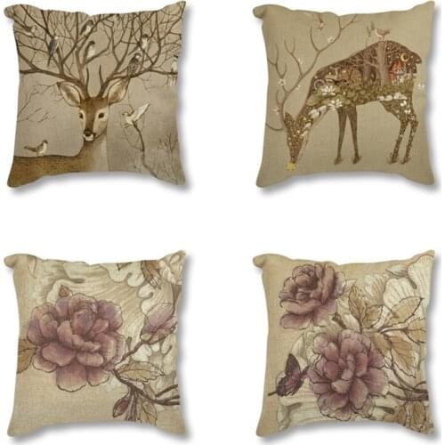 Kids Room Decoration Deer Flower Throw Pillow Linen Cotton Fabric Seat Decorative Cushion For Sofa Car Christmas Gift Home Decor