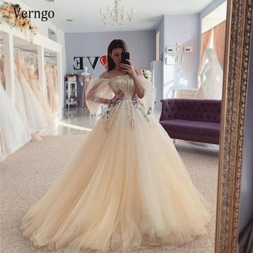 Verngo Elegant Light Yellow Tulle A Line Wedding Dress Puff Long Sleeves Strapless Lace Underneath Garden Wedding Bridal Gowns