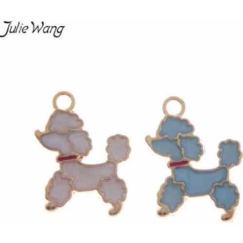 JulieWang 6PCS Puppy Poodle Dog Colorful Enamel Cute Pendant Gold Color Back Zinc Alloy Charm Handmade Family Pet Name Tag