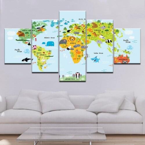 World map nurseries 5 Piece Wallpapers modern Modular Poster art Canvas painting for Living Room Childrens room Home Decor