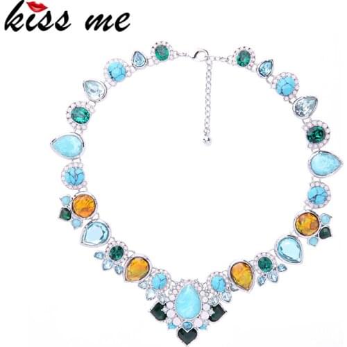 KISS ME Multi Synthetic Stone Crystal Water Drop Choker Necklace Luxury Women Party Jewelry Accessories