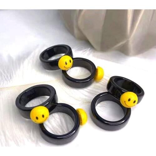 90s Aesthetic Black Smile Ring for Women Acrylic Cartoon Cute Harajuku Cool Vintage DIY Resin Ring Charms Y2K Jewelry New Gift