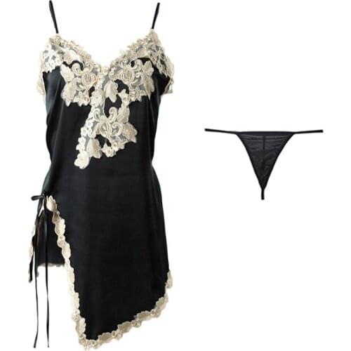 L-U-K Lady New Sexy Lingerie Satin Embroidered Skirt Seductive And Charming Deep V Sexy Suspender Nightdress Housewear