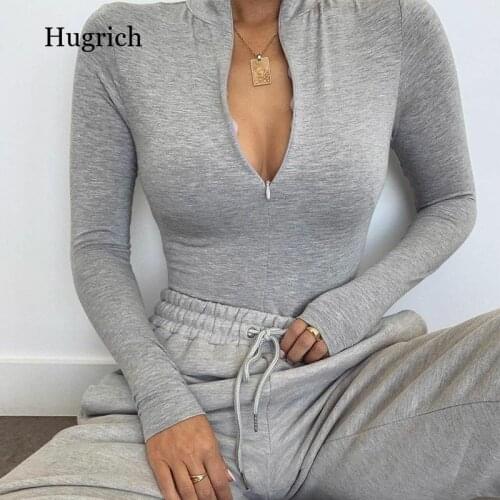 Solid Zipper Bodycon Bodysuits Women Sexy Mock Neck Autumn Long Sleeve Fashion Slim Basic Body Winter Gray Outfits Lady