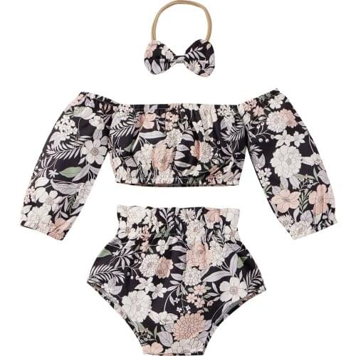 OPPERIAYA 3Pcs Baby Girls Outfit Children Summer Sweet Style Off Shoulder Floral Printing Crop Tops Shorts Bow Headwear Set